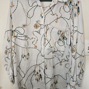 Zara Nautical Print Button Down Shirt - White and Green